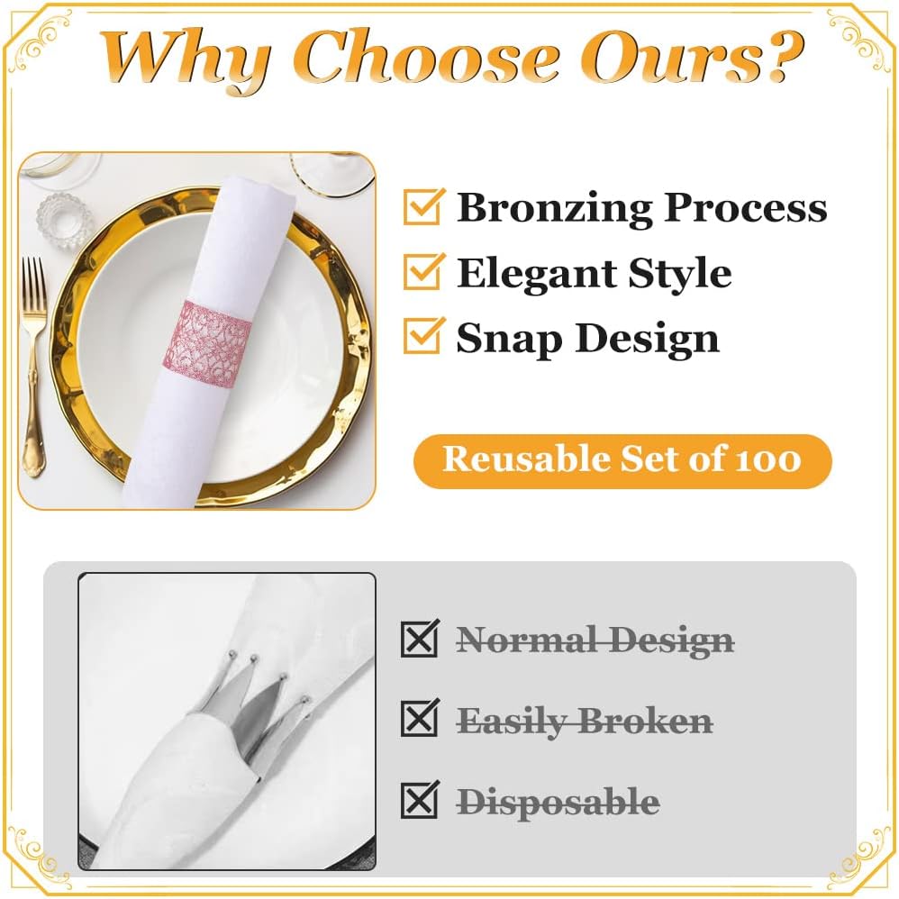 100 Pcs Napkin Rings Sparkling Paper Napkin Holder Disposable Napkin Bands Napkin Holder for Wedding Party Dinner Table Decor(Pink)