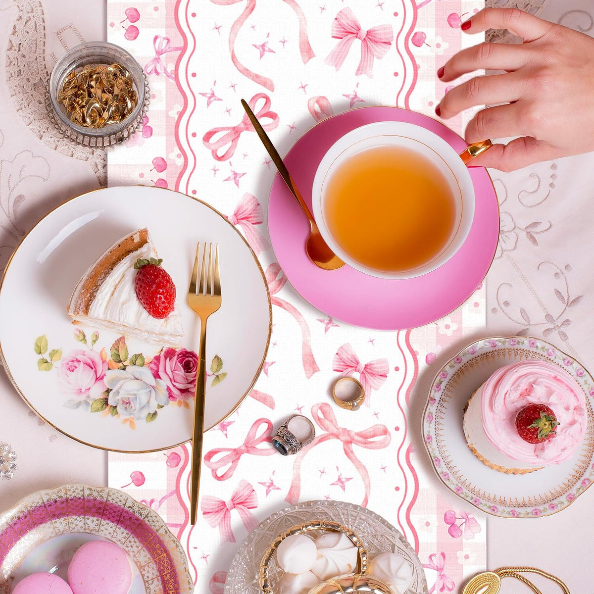 6 Pieces Pink Bow Table Runners 14 x 108 Inches Disposable Coquette Pattern Table Runner for Tea Party Birthday Baby Shower Wedding Valentine's Day Holiday Kitchen Dining Table Decor Party Supplies