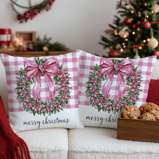 Wreath Throw Pillow Covers, Christmas Traditional Bow Flowers Xmas Peach Soft Velvet Washable Couch Pillow Covers for Living Room Bed Office Sofa Chair Decor 18x18 Inch
