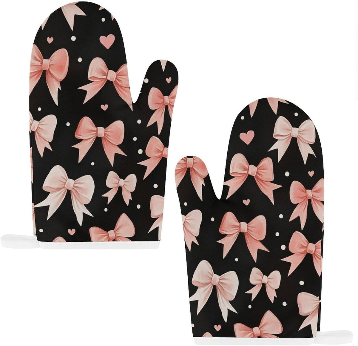 Light Pink Bows White Dots and Hearts Oven Mitts and Pot Holders Set, Heat Resistant Kitchen Gloves and Potholders for Cooking, Baking, Grilling and BBQ