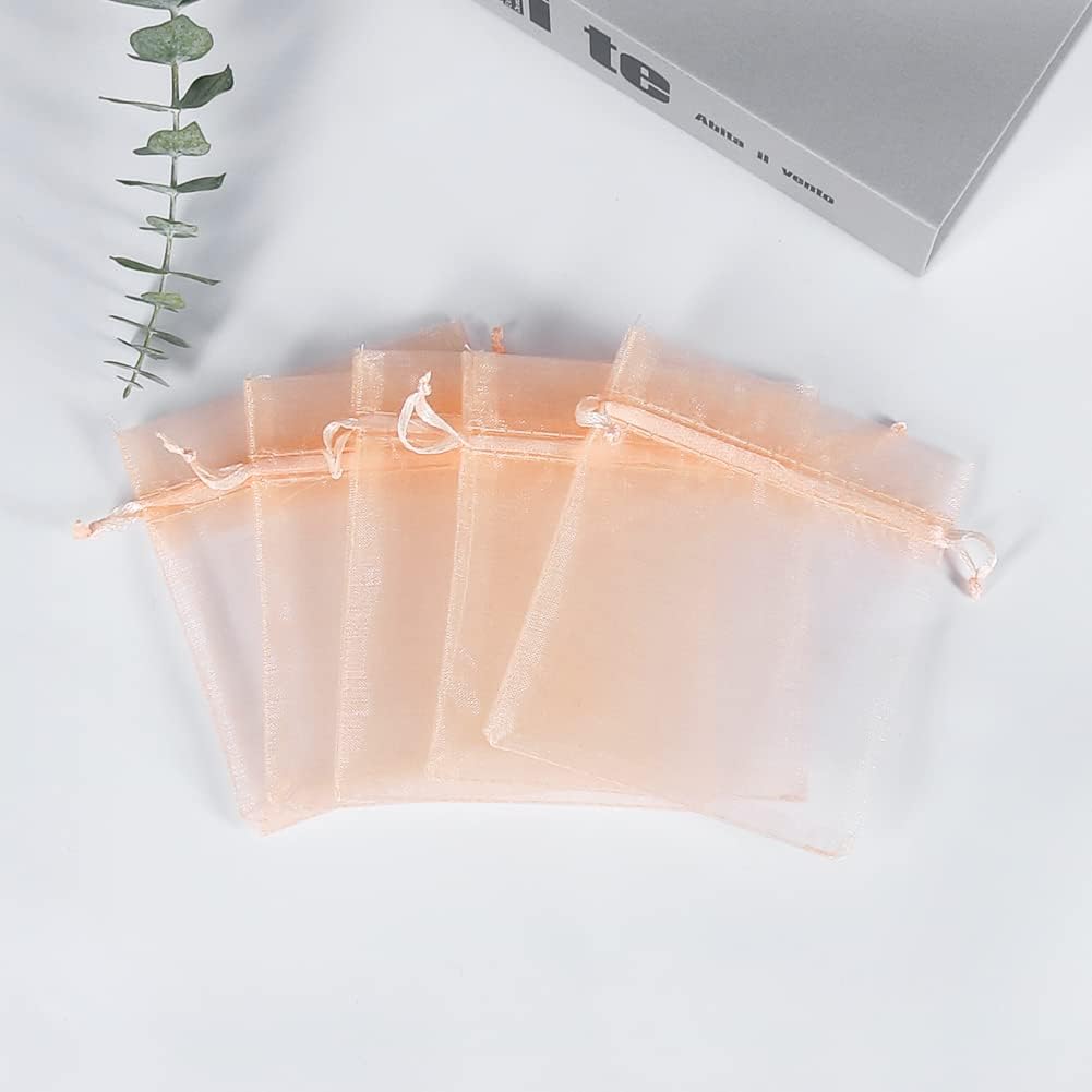 HRX Package 100pcs Little Organza Bags 3 x 4 inch, Blush Peach Mesh Bags Drawstring Pouches for Jewelry Bracelets Candy Party Favor Small Gift