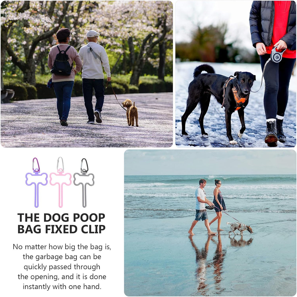 3pcs Dog Waste Bag Holder Clips Hands-free Knot Fixing Portable Pet Poop Bag Leash Carrier for Walking Dogs with Pink, Purple, and Gray