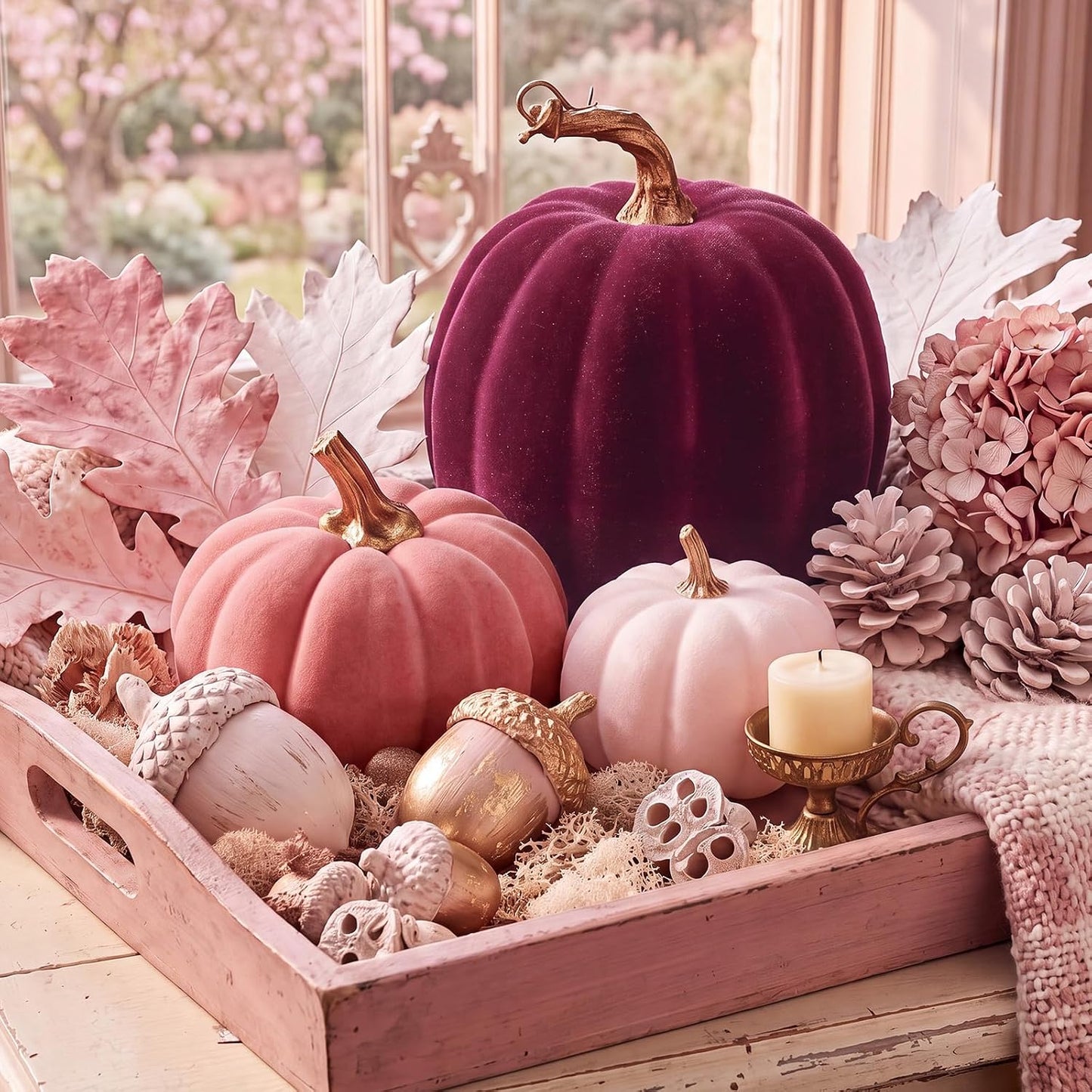 3 Pcs Velvet Pumpkin Decor Set 3D Foam Pumpkin, Pink