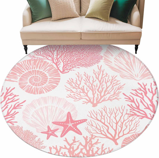 Coastal Pink Round Area Rug 5 FT, Indoor Outdoor Rug, Ocean Coral Starfish Shell Modern Sea Washable Circular Carpet Non-Shedding Floor Mat for Coffee Table Nursery Foyer Balcony