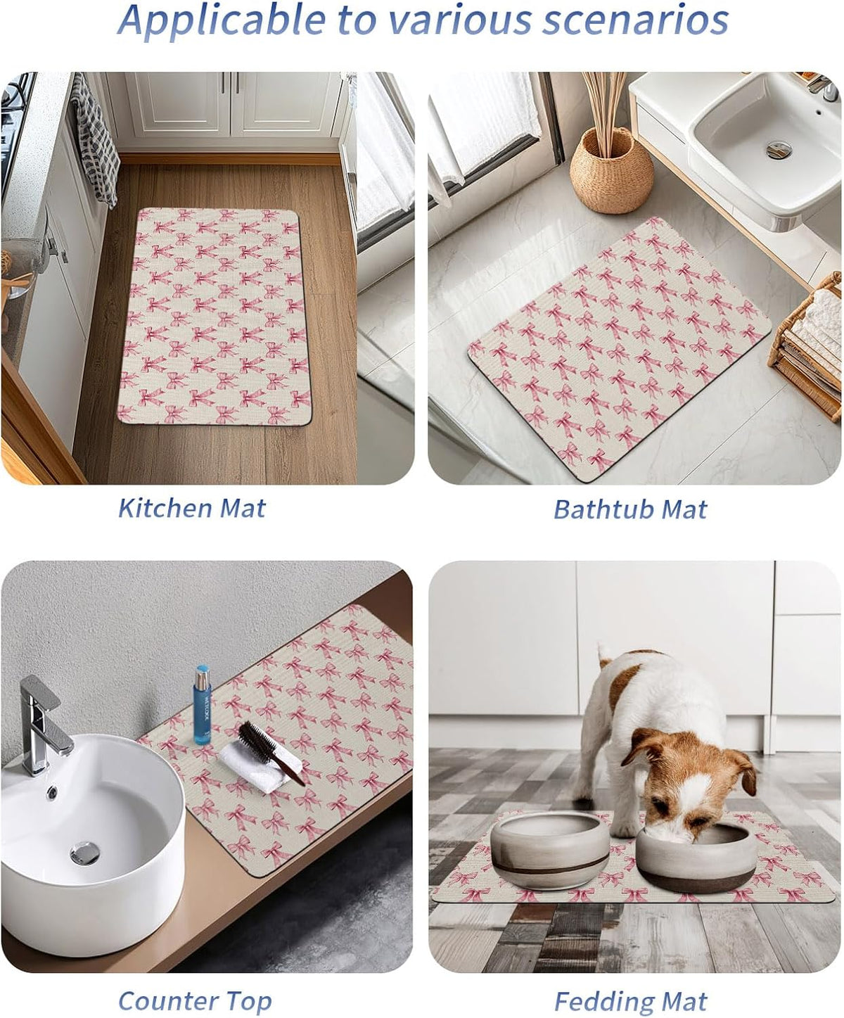 Vintage Pink Bow Bath Stone Mat, Super Absorbent Diatomite Shower Mat, Beige Retro Art Aesthetic Quick Drying Non-Slip Stone Mats for Bathroom Kitchen Counter Easy to Clean 24"x36"