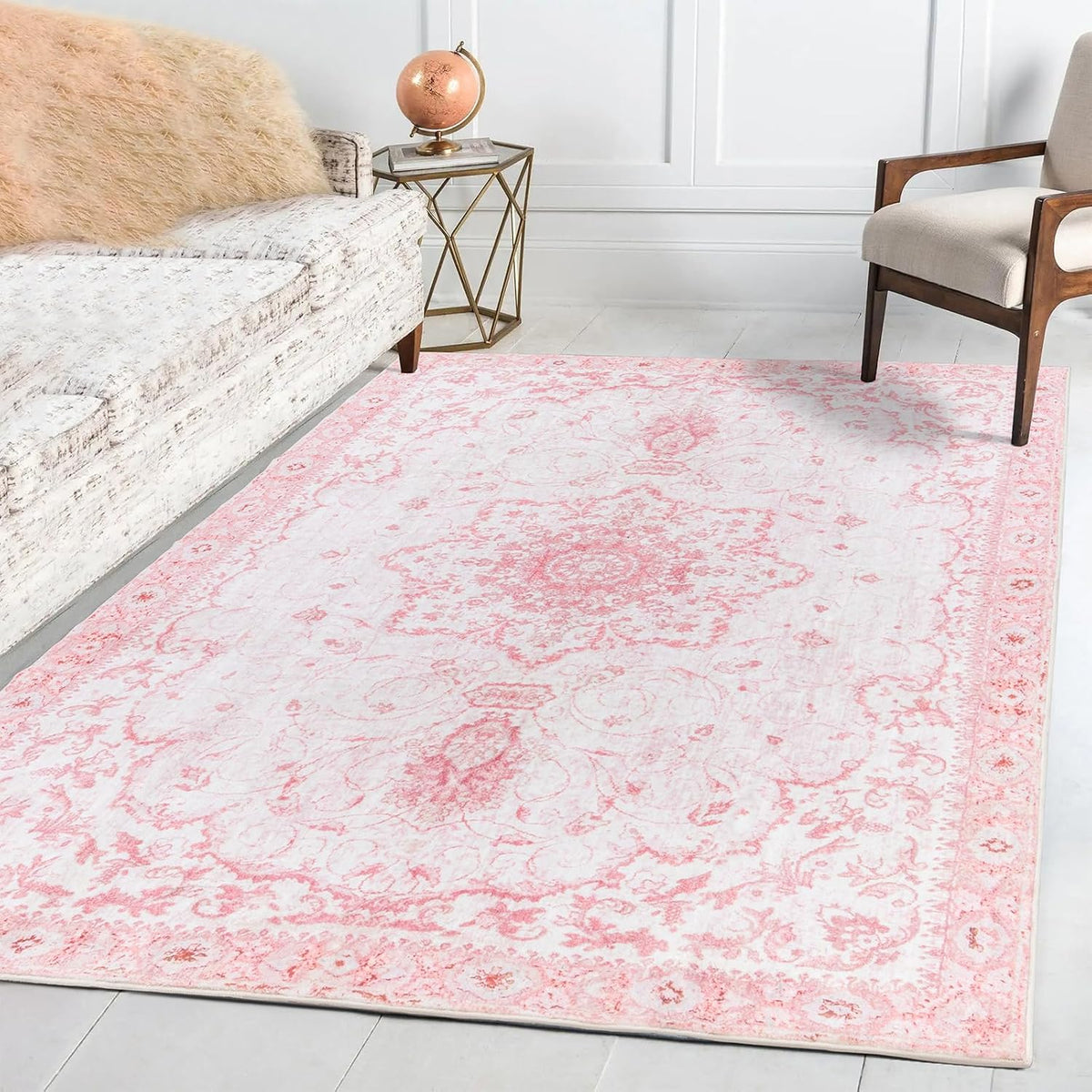 Area Rug 3x5 - Vintage Pink Honeycomb Non Slip Backing Area Rugs Soft Faux Wool Carpet Foldable & Machine Washable Rugs for Living Room Bedroom Dining Room Home Office