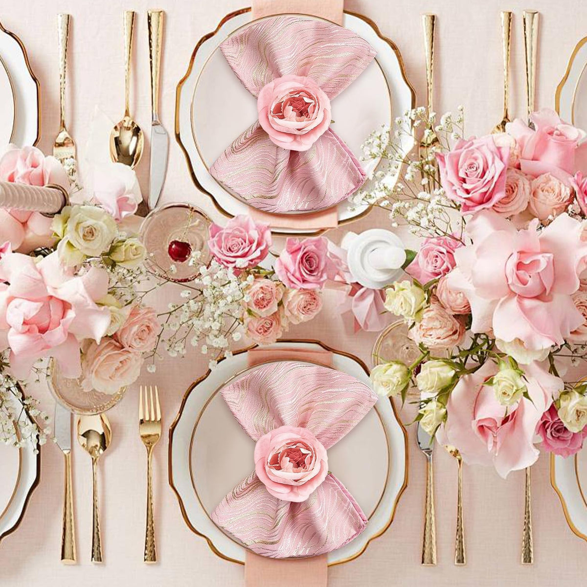 12 Pcs Rose Flower Napkin Rings, Pink Rose Floral Napkin Holders with Pearls Rings for Wedding, Valentine's Day, Luncheons, Birthday Party Dining Table Decor