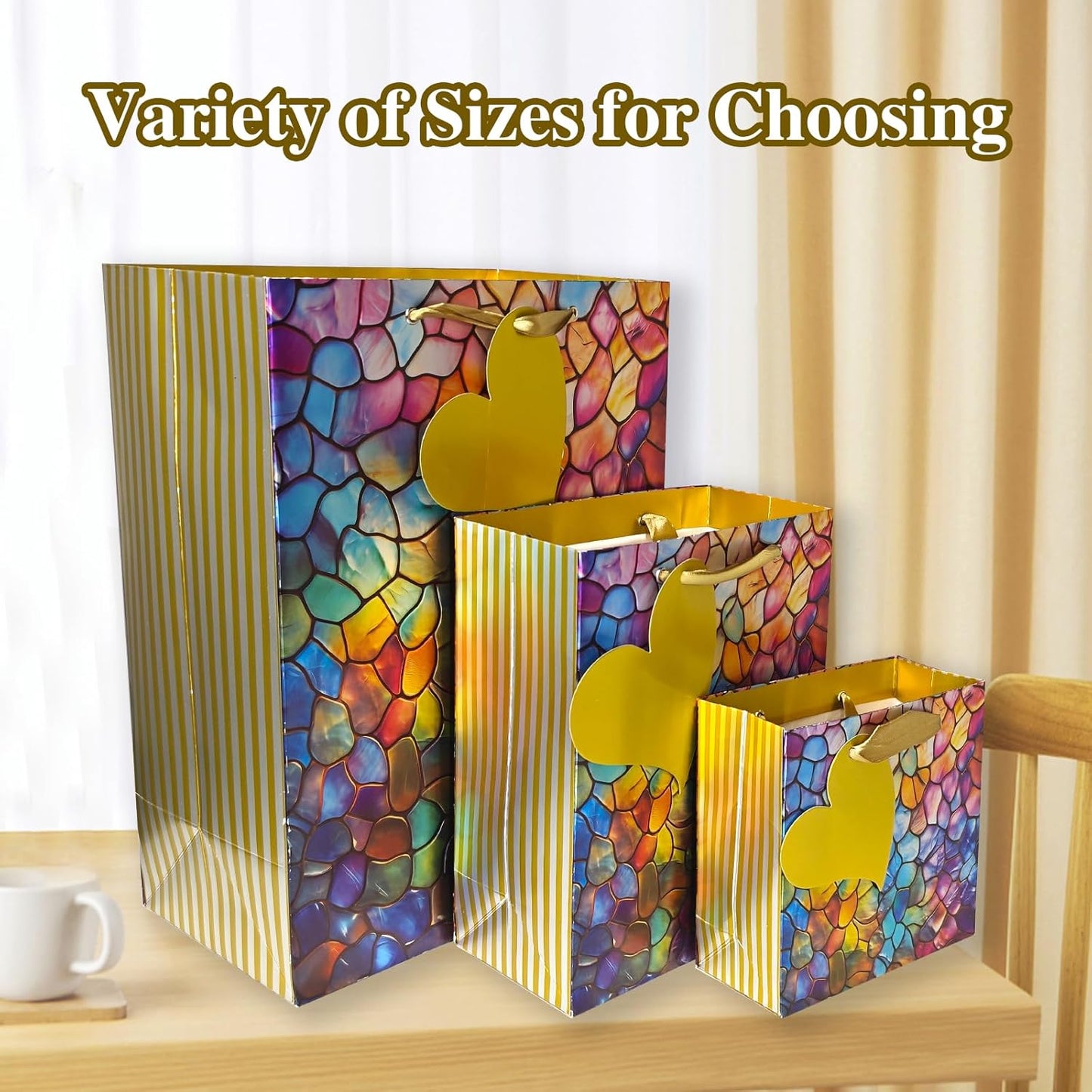suosicn 6 Pack Embossed Seashell Pattern Gift Bags with Handles Assorted Gift Bags with Tissue Paper For Valentines' Day, Mothers Day, Christmas, Baby Showers And Any Occasion