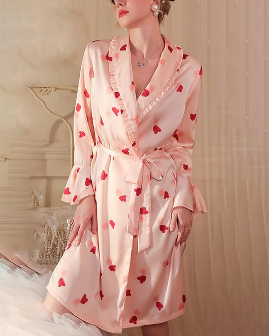 Womens Silky Stain Robe Heart Print Valentines Bathrobe Long Sleeve V Neck Short Belted Robes Bridesmaids Sleepwear