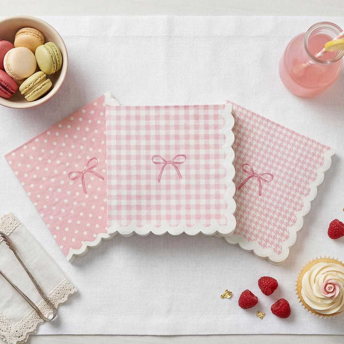 105 Pcs Light Pink Napkins 3-Ply(Scalloped), 3 Assorted Patterns Disposable Paper Cocktail Napkins for Wedding, Baby Shower, Bridal Shower, Birthday, Tea Party, Not Easily Torn (5x5")