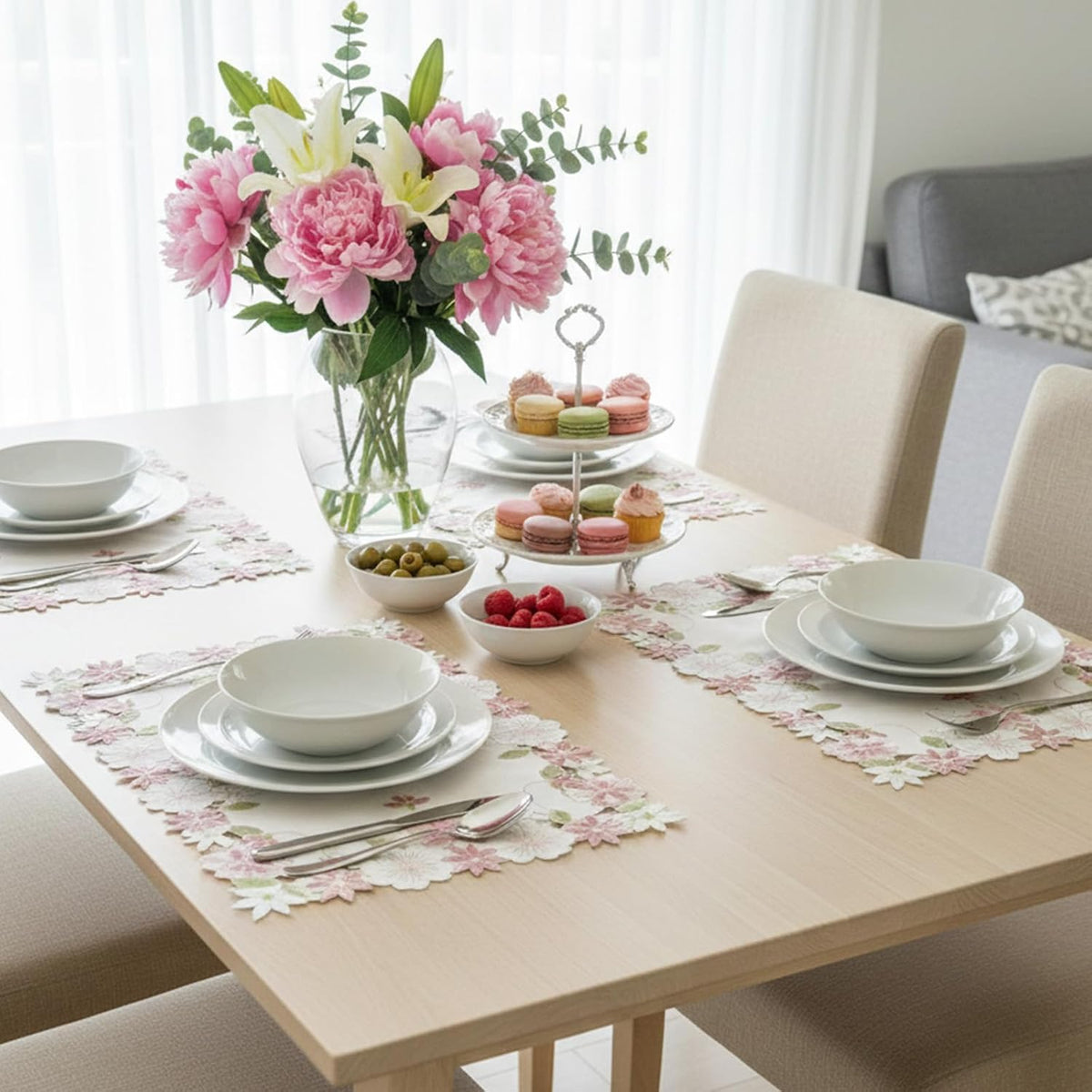 Flower Placemat with Cutout Flower Edge, Pink Floral Cutwork Embroidered Placemats for Wedding Birthday Dinner Party Table Decor, Set of 4,Rectangular