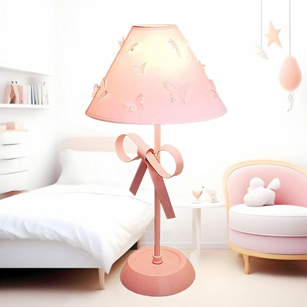 Pink Bow Desk Lamp for Girls Room Nordic Metal Table Lamp for Girl's Bedroom Décor Cute Coquette Table Light with Fabric Stitch Shade Modern Children Bedside Lamp Kids Reading Lighting (Pink)