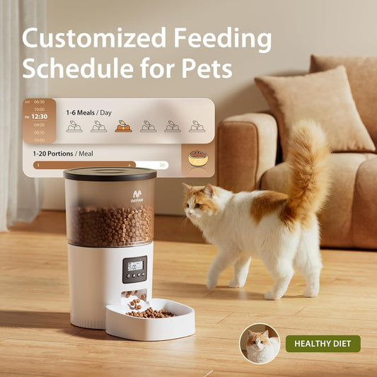 IMIPAW Automatic Cat Feeders, Timed Cat Dry Food Dispenser with Desiccant Bag, Dual Power Supply, Programmable Portion Size, 6 Meals, 20 Portions Per Day, Auto Pet Feeder for Cats and Small Dog, White