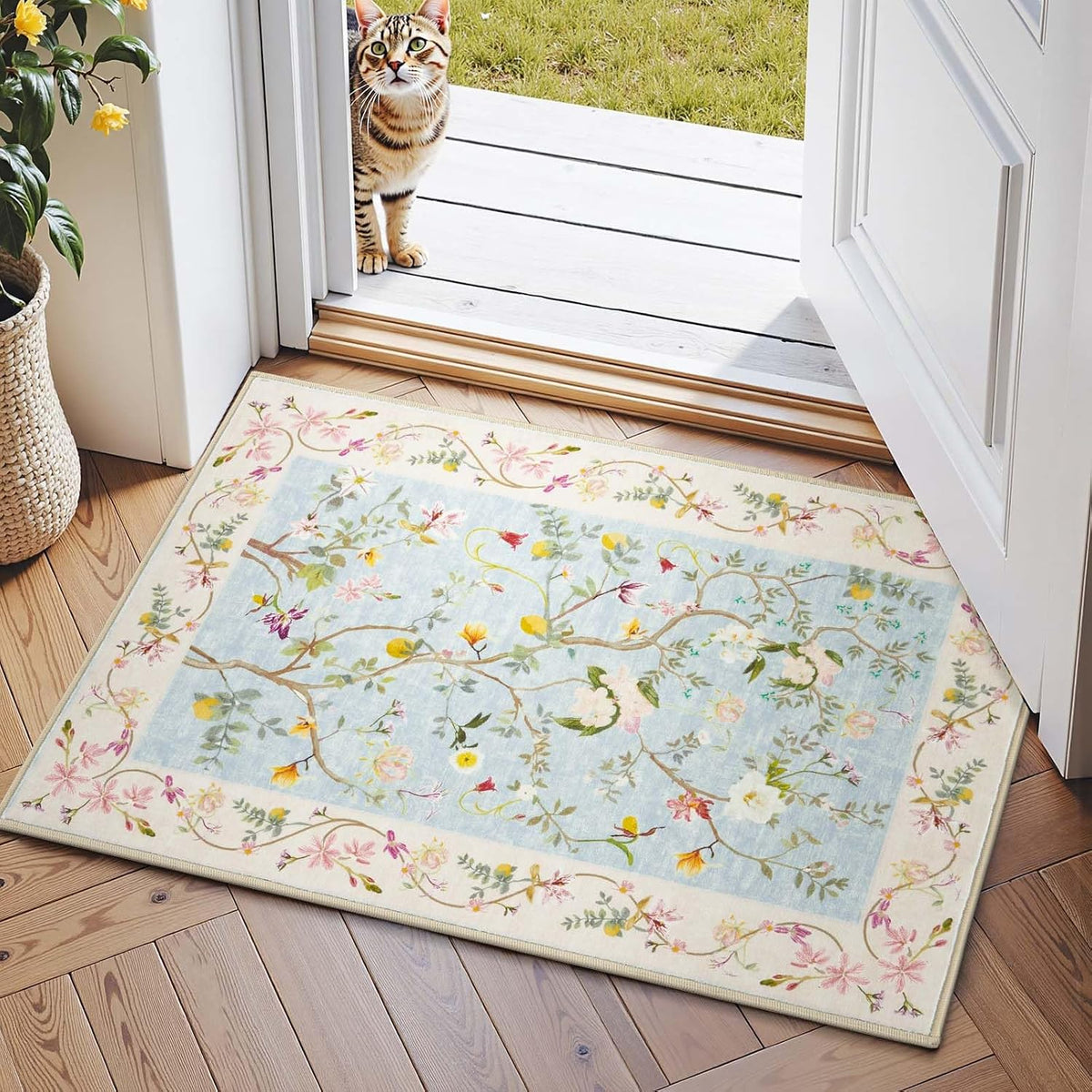 2x3 Washable Entryway Area Rug, Soft Floral Non-Slip, Blue/Pink