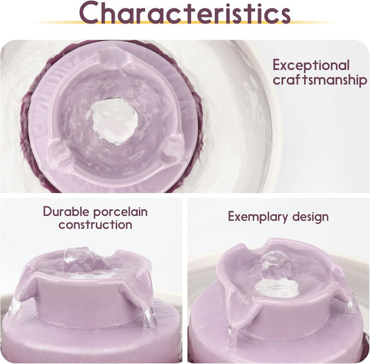 Lawfery Ceramic Cat Water Fountain, 2.1L/71oz Cat Fountain with 3 Carbon Filters and 2 Water Pumps, Cupcake Pet Water Fountain for Cats and Dogs (Purple)