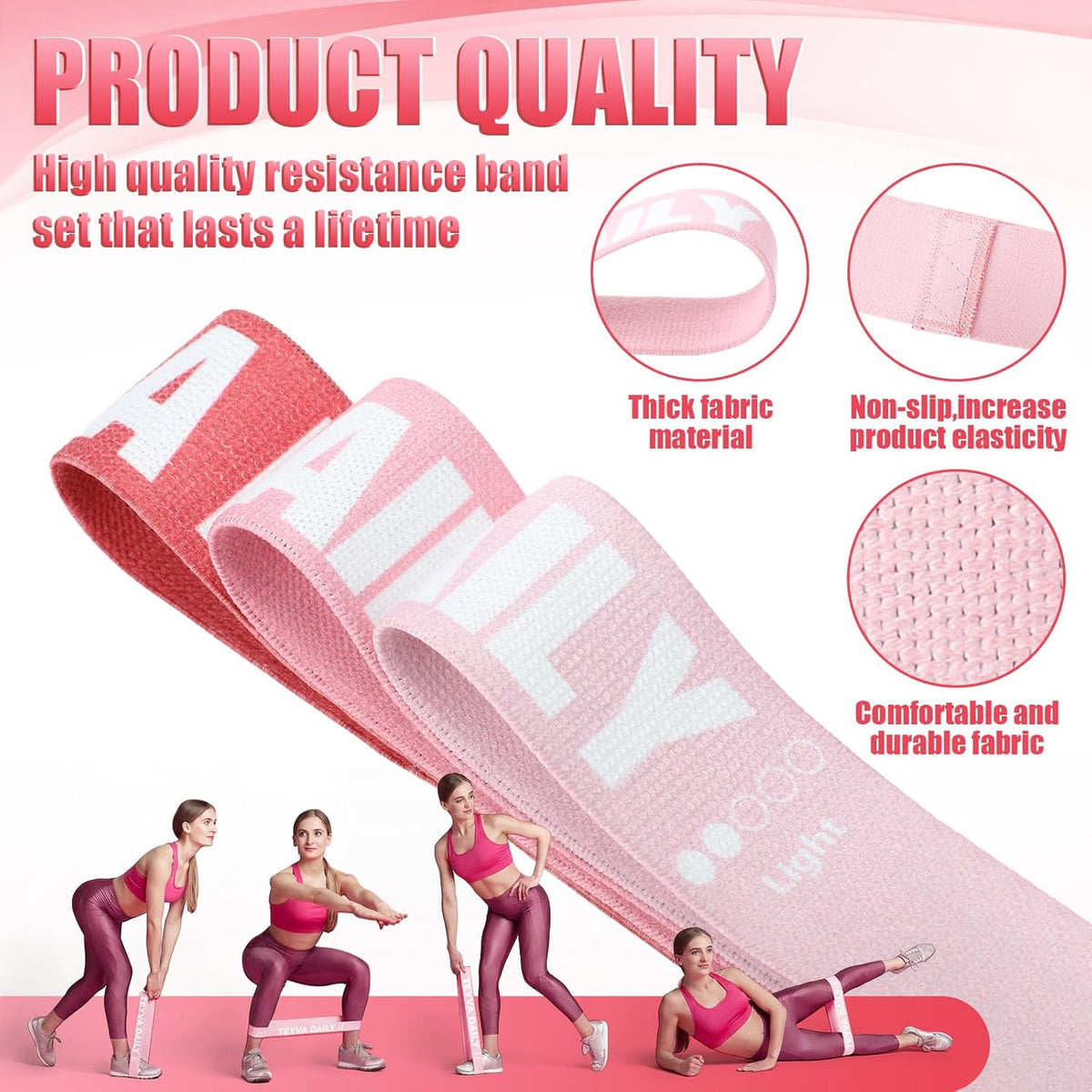 12 Pcs Fabric Resistance Bands for Working Out, Non-Slip Exercise Bands for Women, Pink Booty Elastic Loop Band for Glute Butt Thigh Yoga Pilates Stretching Gym Studio