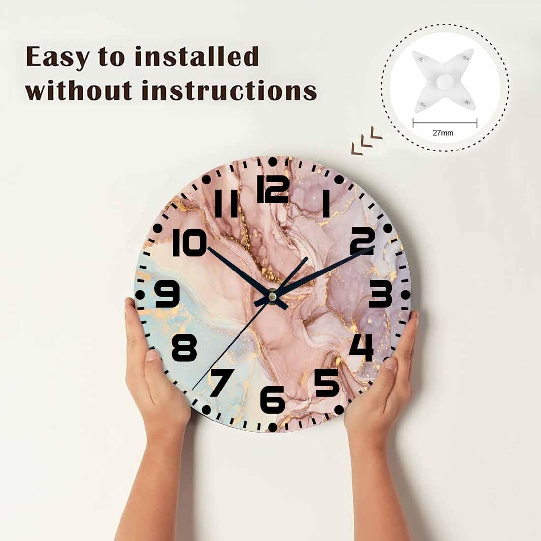 Marble Wall Clock Battery Operated Pink Gold Wave Marble Pattern Wall Clock Silent Non Ticking Quality Quartz 10 Inch Round Easy Clock to Read for Home Office