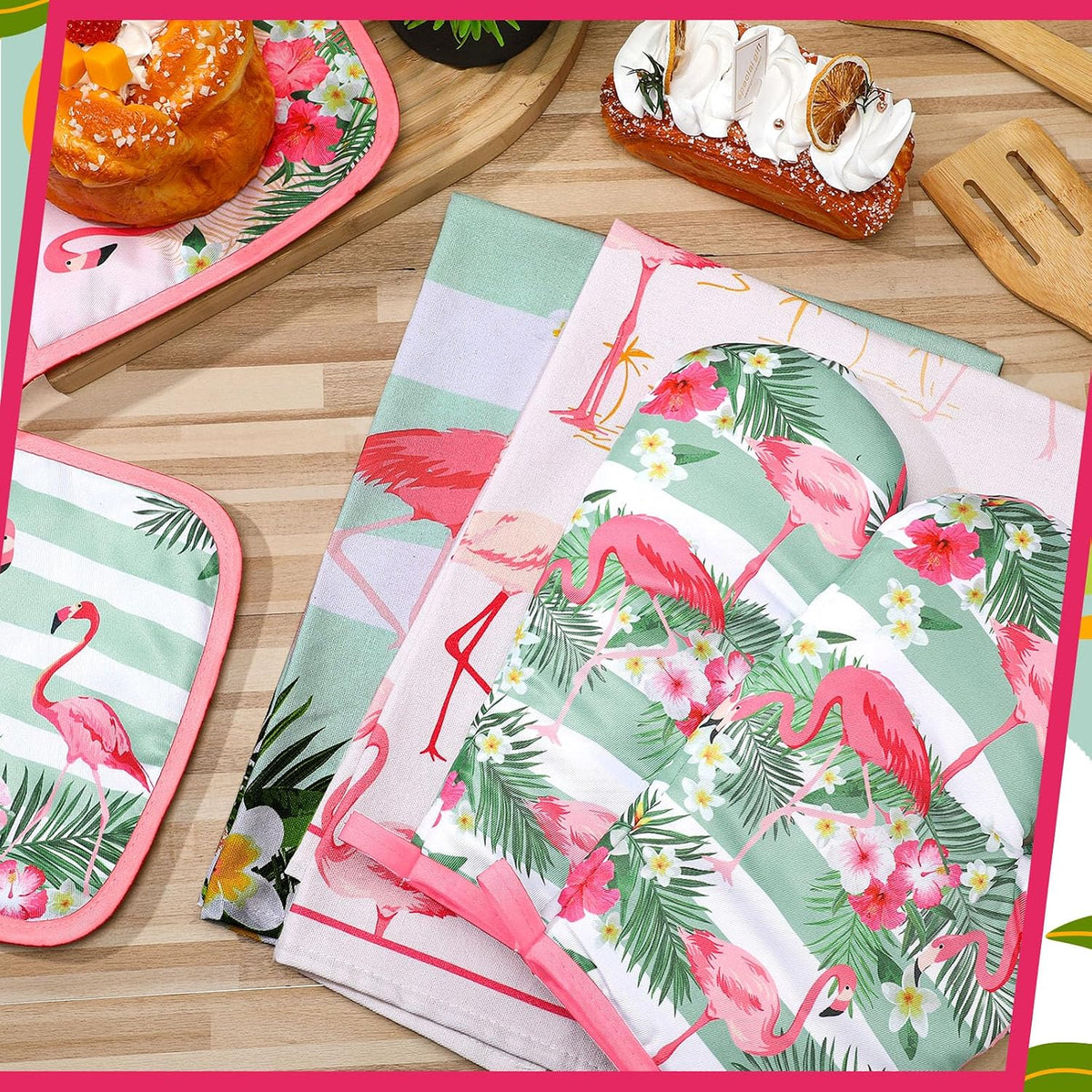 6 Pcs Flamingo Kitchen Towels Pot Holders and Oven Mitts Set Soft Cotton Linen Dish Towel Heat Resistant Oven Mitts for Summer Kitchen Decor Cooking Baking Grilling