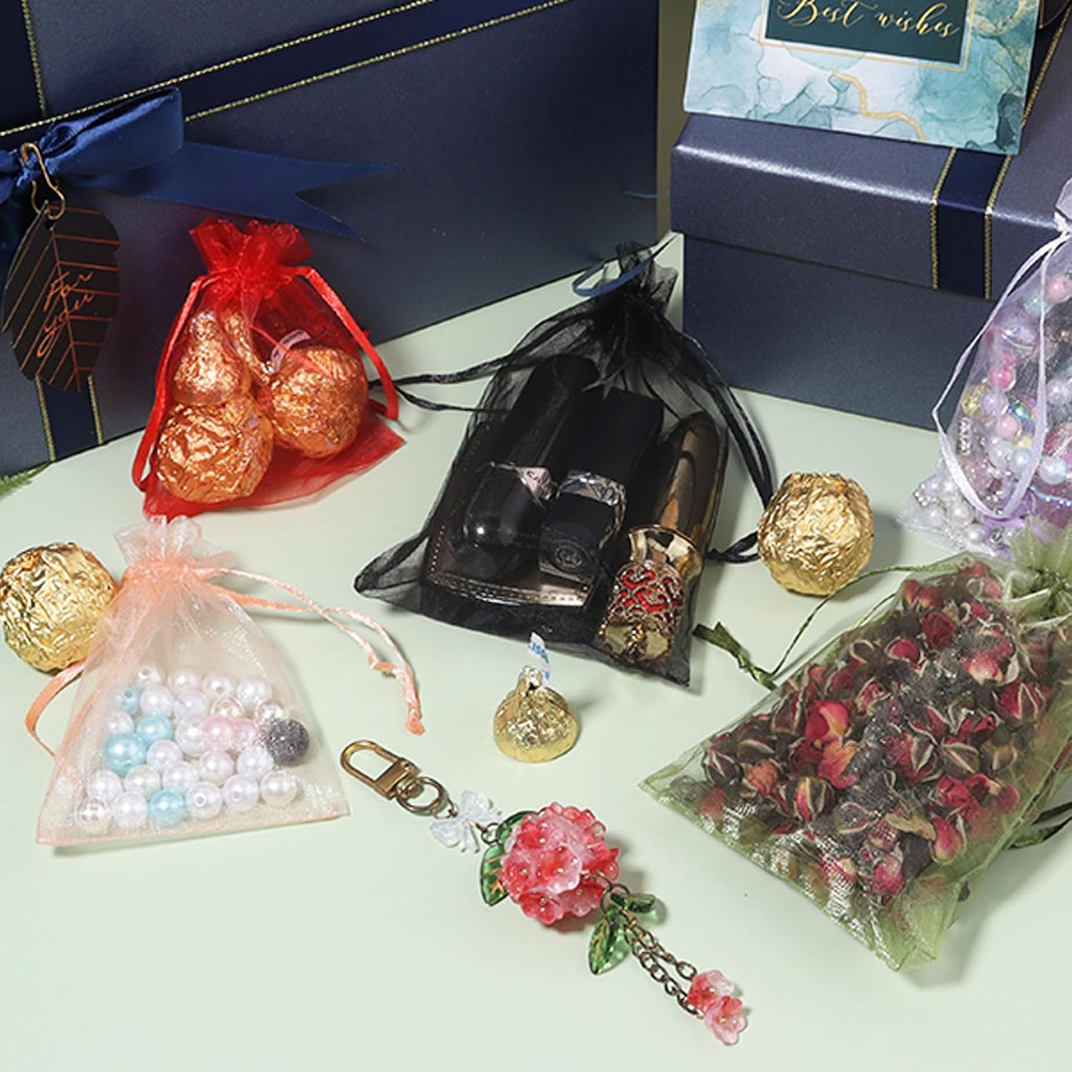 100Pcs Peach Organza Bags,4x6 Inch Small Mesh Drawstring Bags