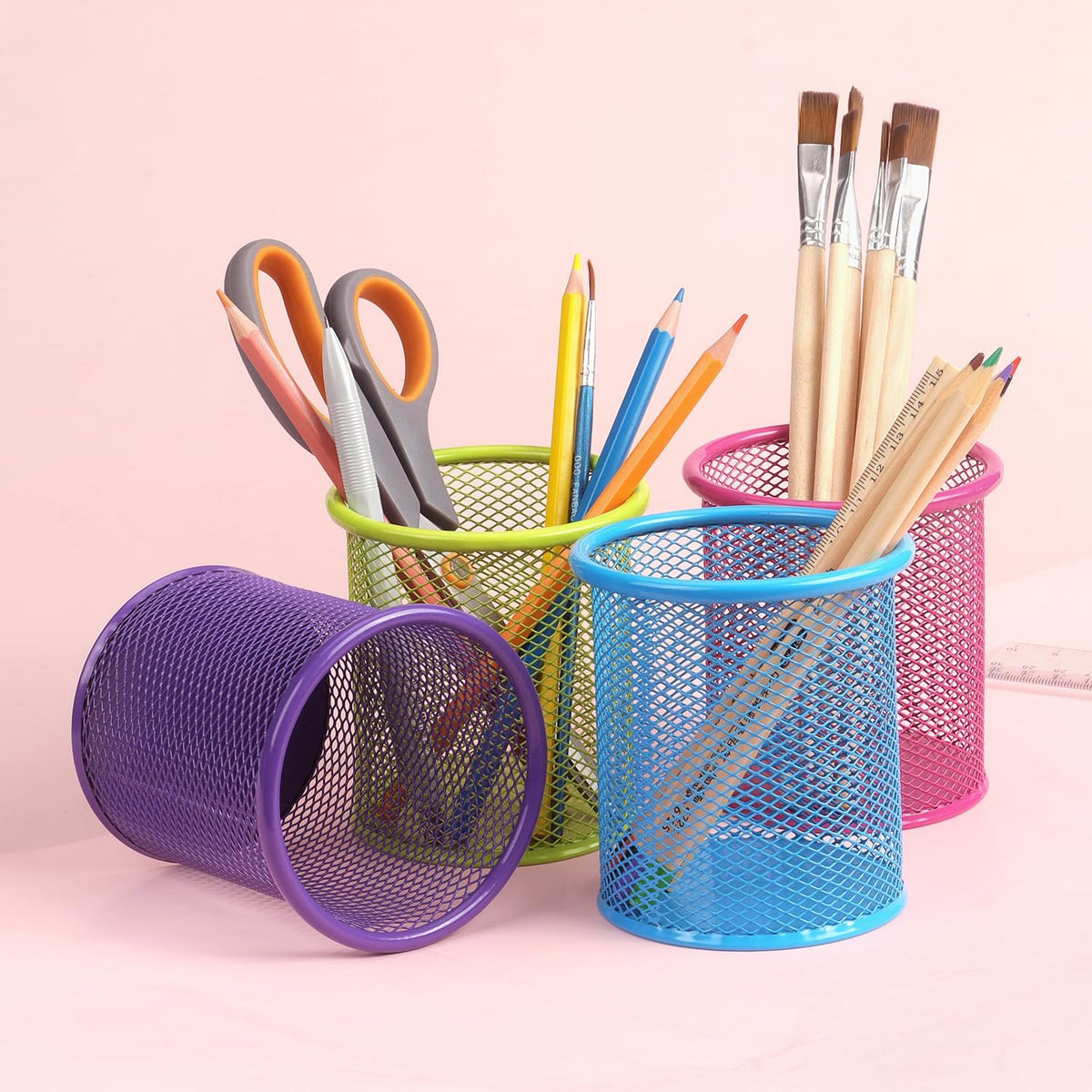 Pen Holder Cup for Desk, Wire Mesh Pencil Cup Holder, Pink