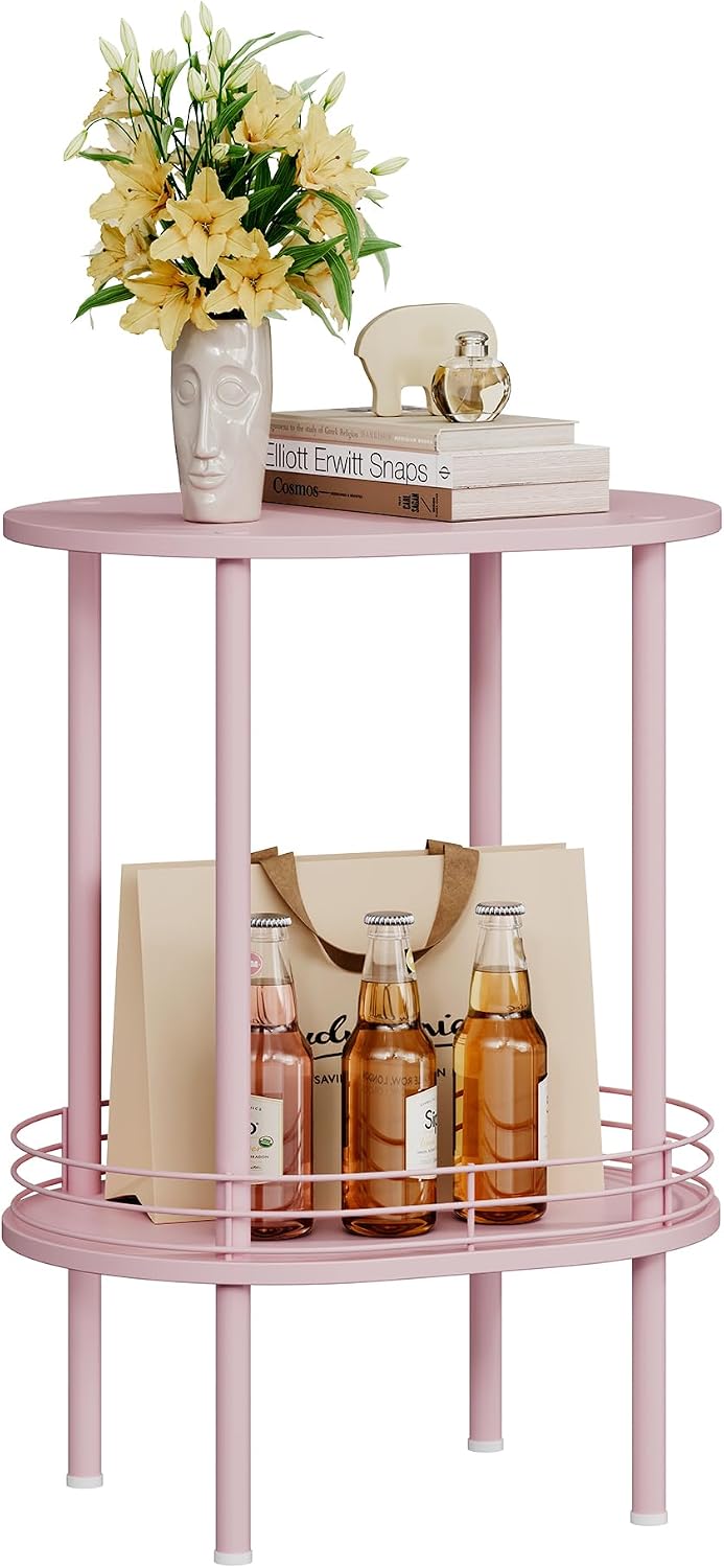 Small Oval Side Table with Storage, 2-Tier Pink End Table for Small Space
