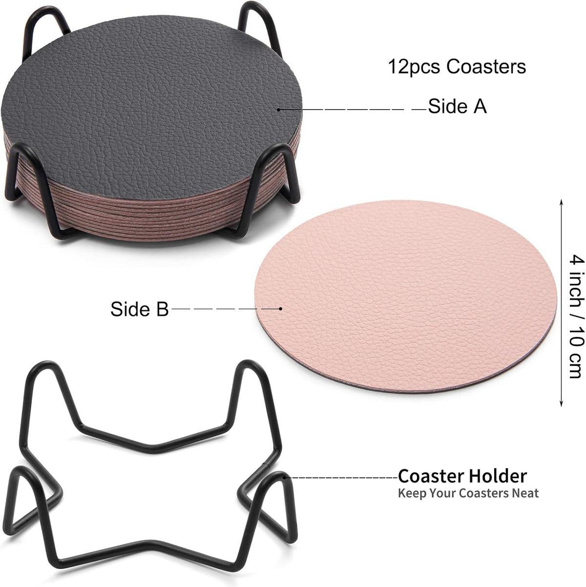 Faux Leather Drink Coasters with Holder, Dual Sided Sets of 12