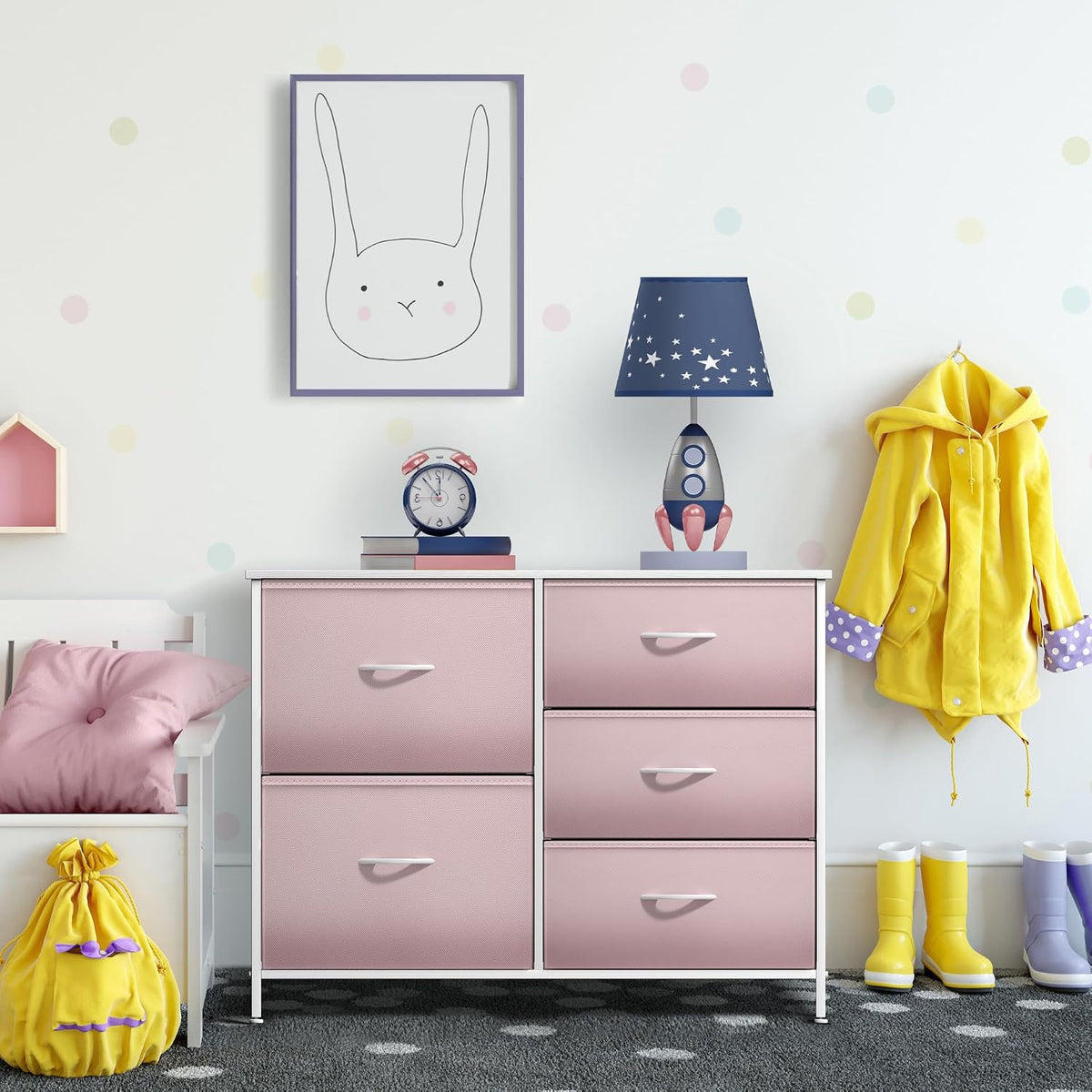5-Drawer Kids Dresser, Wood Top & Fabric Drawers (Pink)