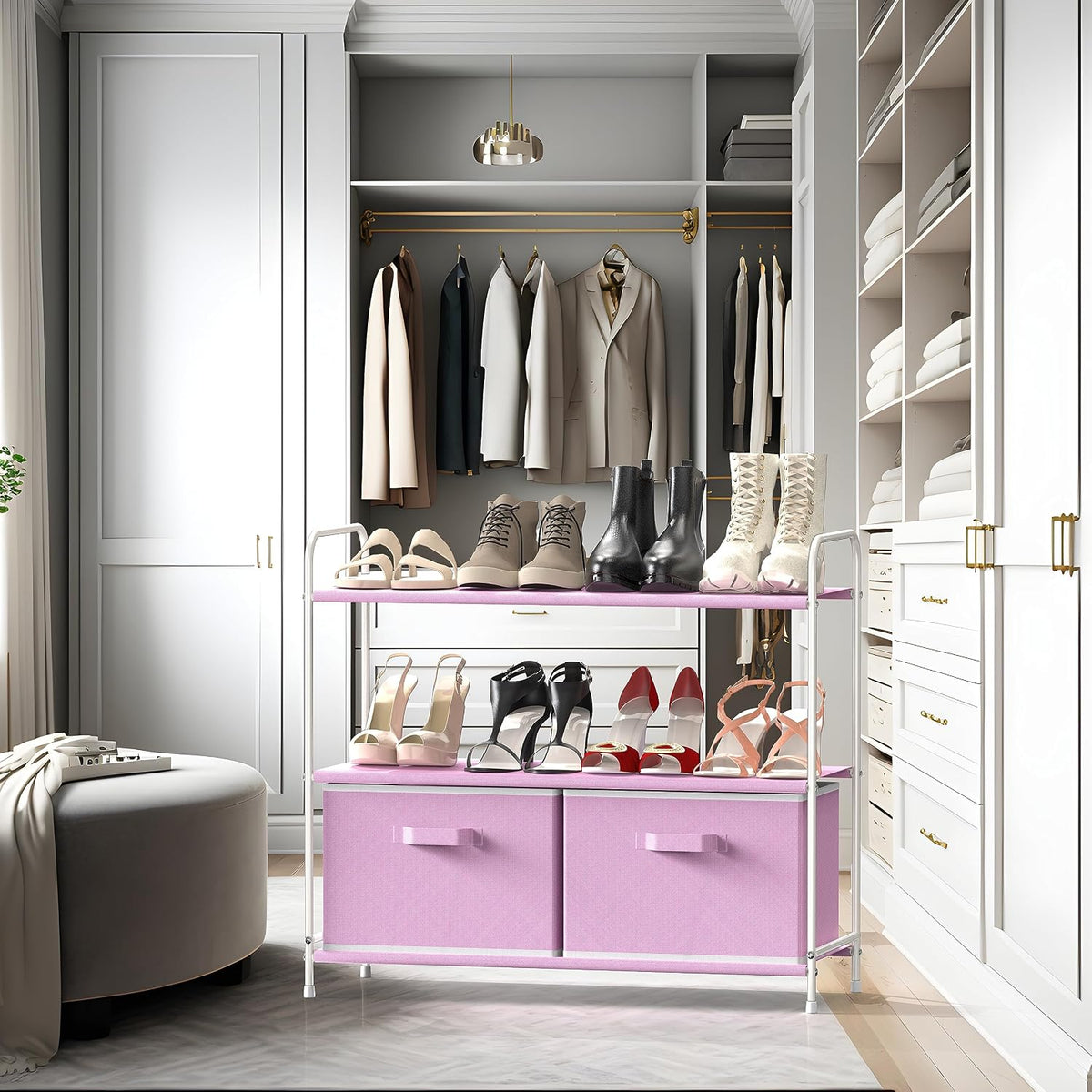 3-Tier Closet Storage with 2 Drawers, Pink