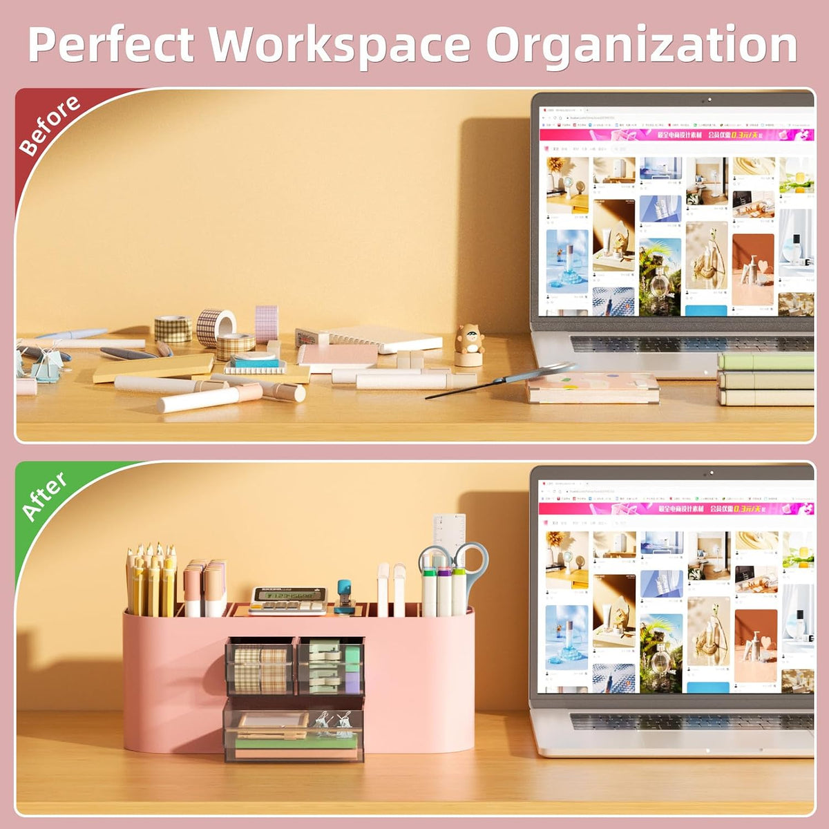 Desk Organizer Pen Holder for Desk with 3 Drawers, Multi-Functional Pencil Holder, Desk Organizers and Accessories with 7 Compartments for Home, School, Classroom(Pink)