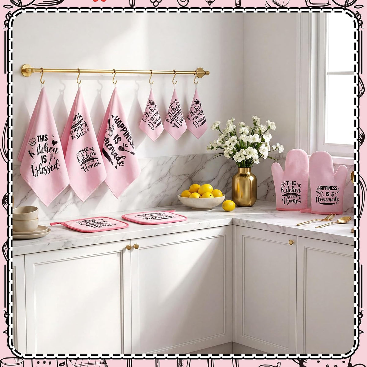 12 Pcs Farmhouse Kitchen Decorations Sets 8 Pink Black Kitchen Dish Towels 2 Pot Holders 2 Oven Mitts Glove Rustic Hand Towels and Dishcloths for Home Accessories Mom Gifts