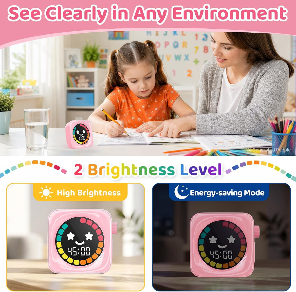 Visual Timer for Kids, 99 Minute Digital Cute Kids Visual Timer Classroom Timer for Homeschool Supplies Study Teaching Time Management Tool Countdown Productivity Timer, Pink, Colorful Display
