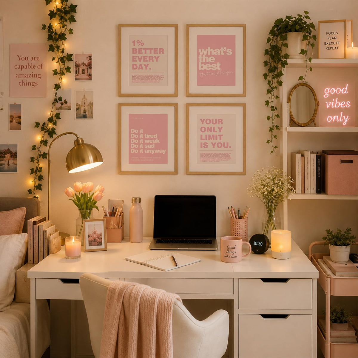 Pink Motivational Inspirational Office Wall Art Decor Prints 4Pcs