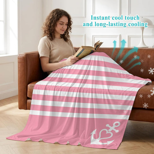 Cooling Blanket 50"x60", White Nautical Anchor on Pink Summer Cooling Blanket Breathable Lightweight Ice Blankets Classic Geometric Striped Blankets for Night Sweats