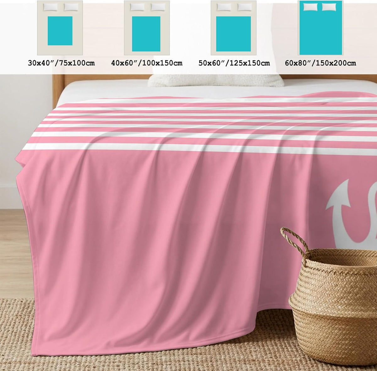 Cooling Blanket 50"x60", White Nautical Anchor on Pink Summer Cooling Blanket Breathable Lightweight Ice Blankets Classic Geometric Striped Blankets for Night Sweats