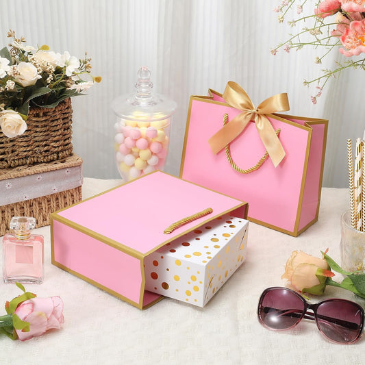 12 Pack Gift Bags Medium Size with Ribbon, 9"x7"x3.1" Portable Paper Gift Bag with Handles, Pink Thank You Bags for Wedding Birthday Party Mothers Day Bridal Shower Party Favor Bag