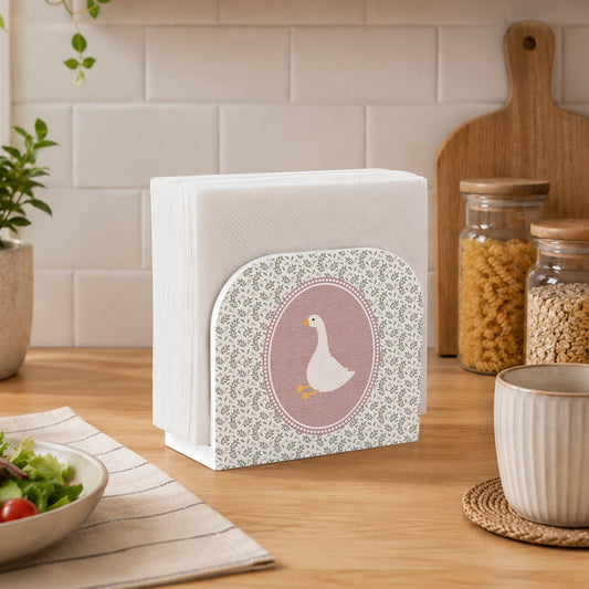 Cottagecore Pink Goose Napkin Holder for Table, Rustic Floral Botanical Goose Wooden Standing Napkin Dispenser Holder for Kitchen Dining Room Party Cocktail Bar Decor