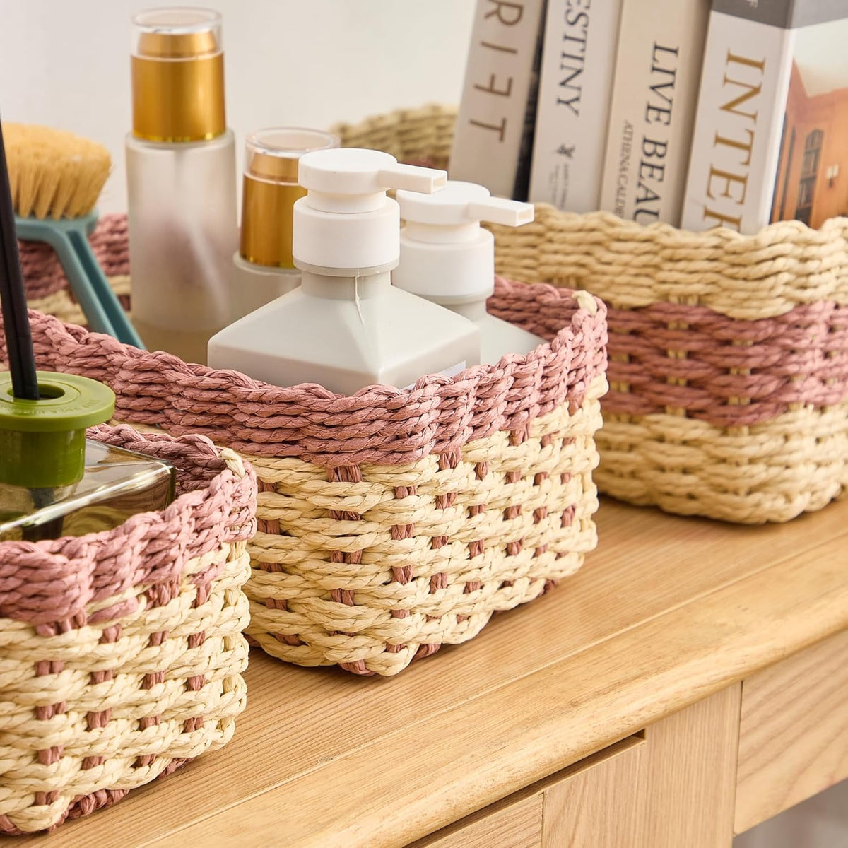 4PCS Woven Storage Baskets Set, Small Baskets for Organizing, Square Handwoven Paper Rope Organizer Bins for Shelves and Home Storage (Natural & Pink)
