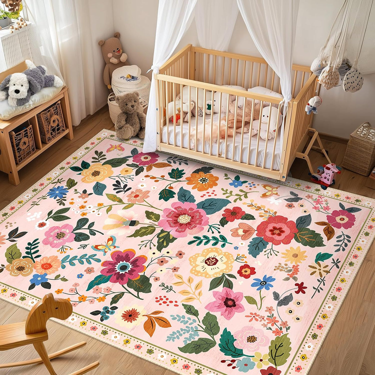 Floral Washable 5x7 Area Rugs Pink