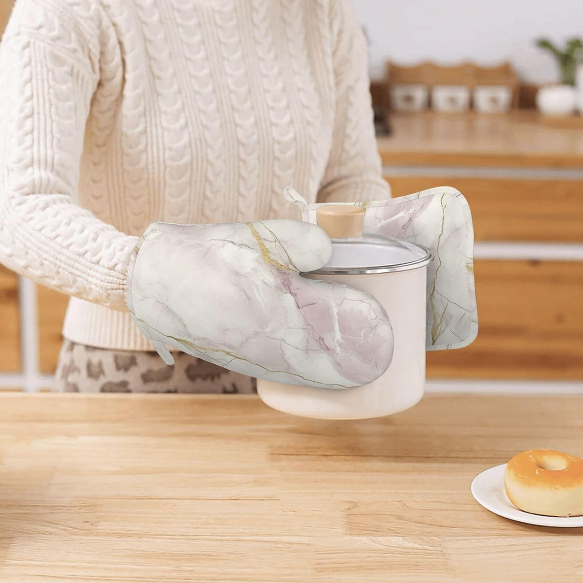Oven Mitts and Pot Holders Light Pink White Marble Silicone Kitchen Accessories Set of 4 Heat Resistant Long Gloves Potholder Non-Slip Grip for Chef Cooking Baking Grilling BBQ