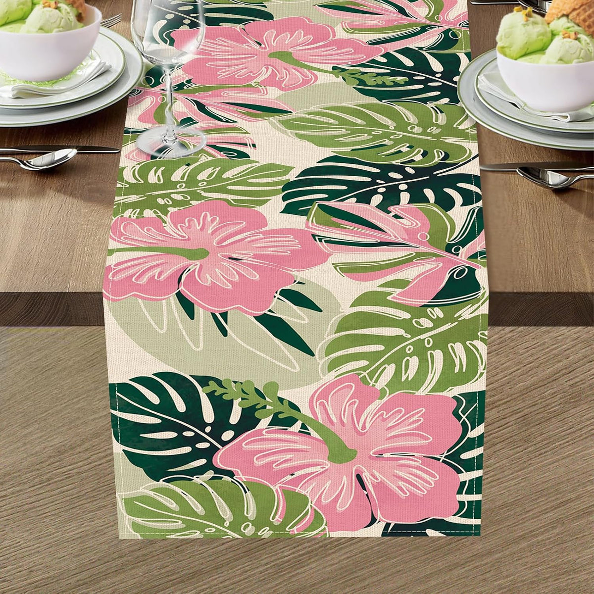 Boho Palm Leaves Spring Summer Table Runner, Tropical Hibiscus Flower