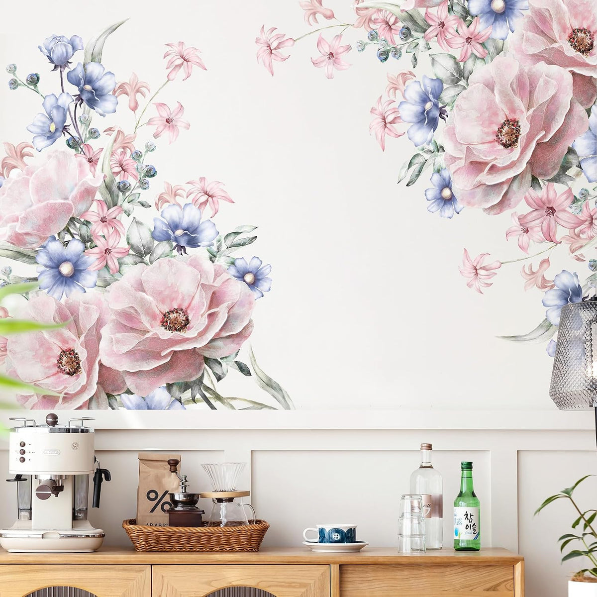 Pink Blue Flowers Wall Decals Large Removable Floral Leaves Wall Stickers Peel and Stick Delicate Blossom Art Applique for Bedroom Living Room Sofa Background Wall Decor