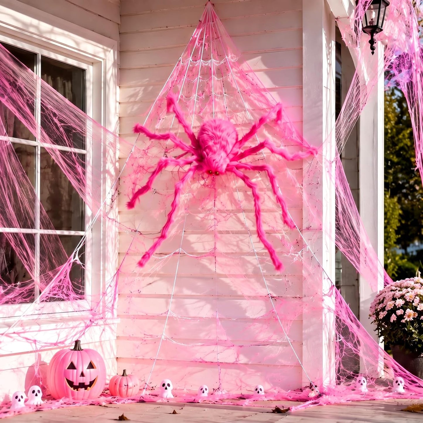 3 Pcs Pink Spider Web Summer Halloween Decorations, 48in Giant Spider 16.4 x 15.7ft Triangular Web Pink Gauze Cloth Fake Spiderweb Halloween Decor Outdoor for Haunted House Home Party Decor