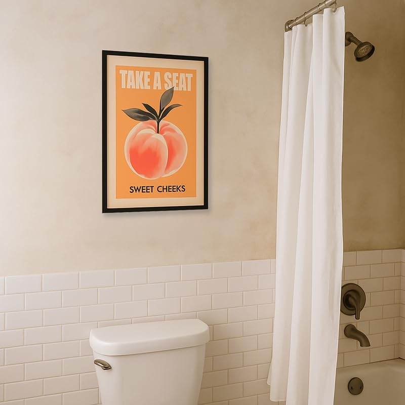 Funny Bathroom Wall Art Peach Bum Canvas Print Take a Seat Sweet Cheeks Poster Retro Pink Orange Bathroom Decor Cute Cheeky Fruit Painting for Toilet Restroom Humor Sign 8x12inch Black Frame