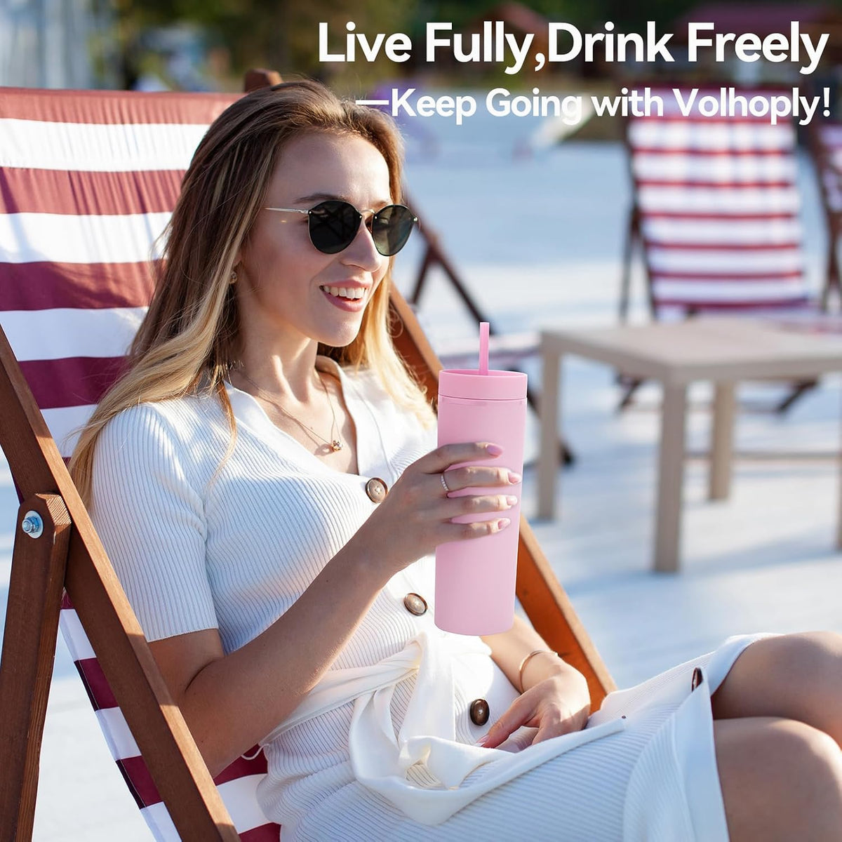 Volhoply 20oz Plastic Skinny Tumblers Bulk 4 Pack,Double Wall Tumbler with Lid and Straw,Reusable Travel Iced Coffee Mug,BPA Free Matte Acrylic Water Cups With Straw for Party,DIY Gifts(Pink, 4 Set)