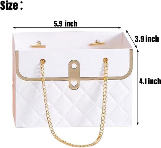 4 PCS Flower Paper Gift Box, Bouquet Storage Bucket Florist Handbag with Metal Chain, Gift Craft Wrap Bag for Wedding Party Valentine's Day Birthday Mother's Day Bridal Shower Gift Wrap Bags (White Pink)