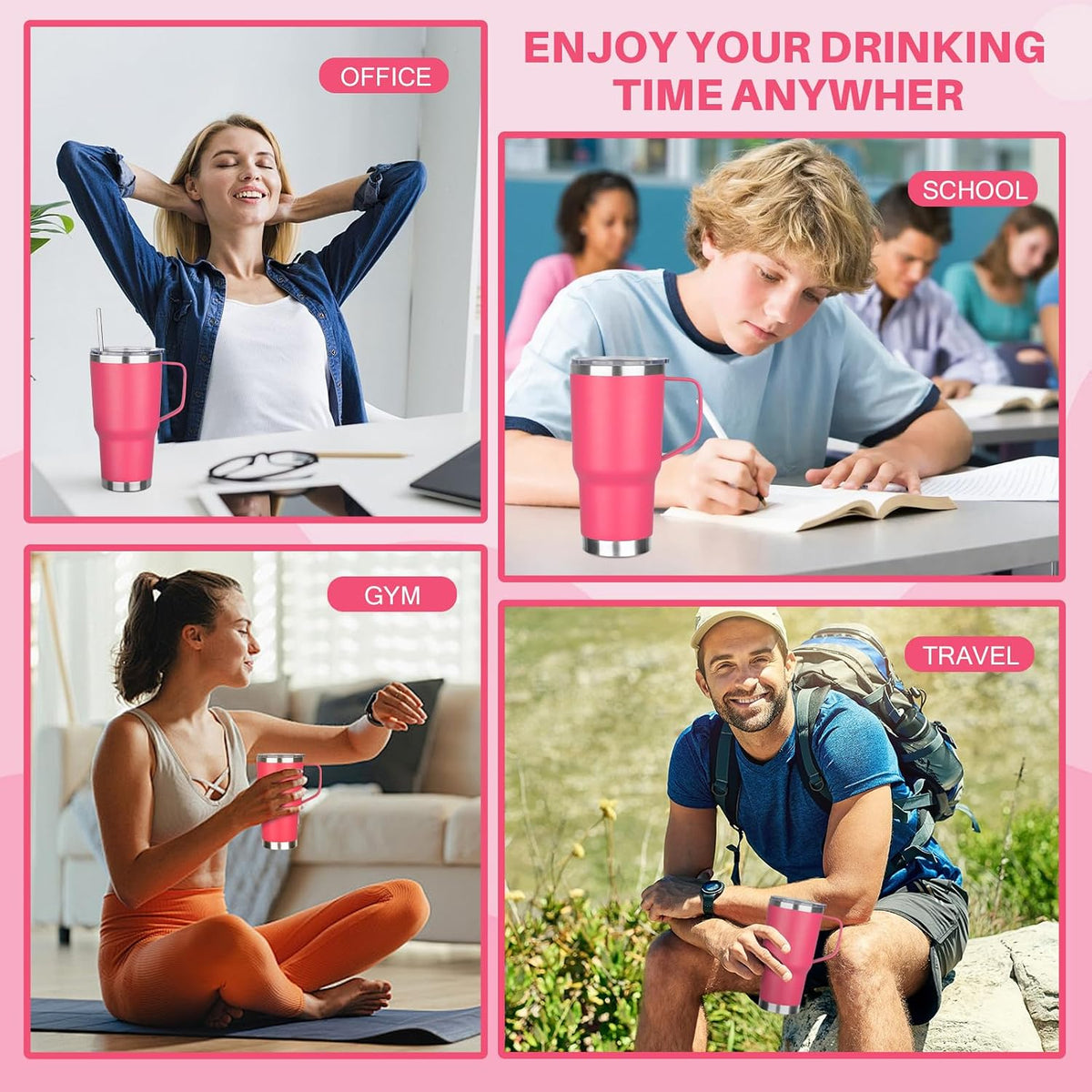 30 oz Tumbler with Handle, Stainless Steel Insulated Tumbler with Lid and Straw, Double Wall Vacuum Coffee Mug Tumbler, Insulated Coffee Thermal Cup for Cold and Hot (Peach Pink)