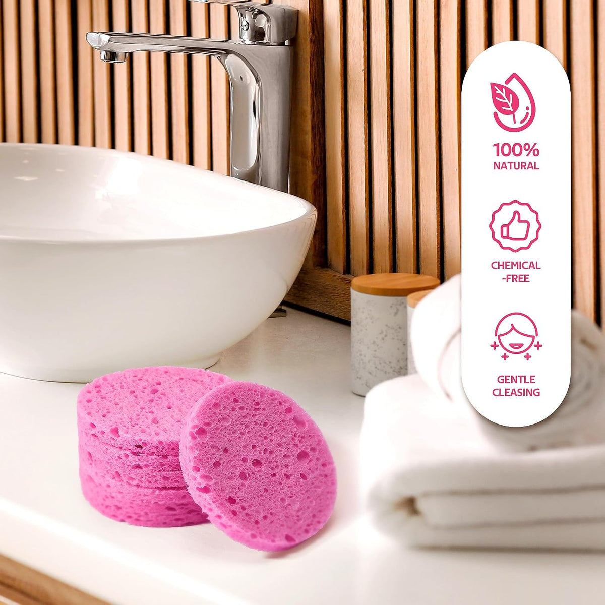 50-Count Compressed Facial Sponge for Daily Facial Cleansing and Exfoliating, 100% Natural Cosmetic Spa Sponges for Makeup Remover, Reusable, Pink