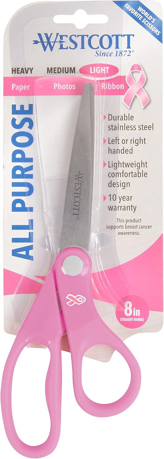 15387 8-Inch Pink Ribbon Stainless Steel Scissors For Office and Home