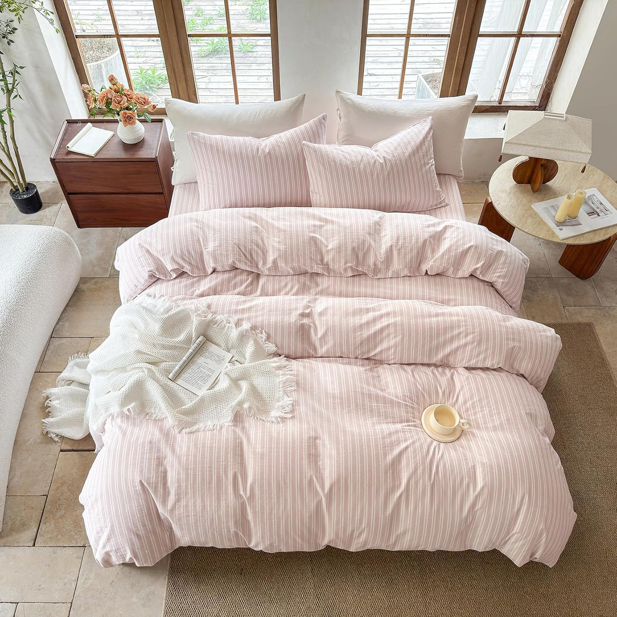 Striped Duvet Cover Set 100% Washed Cotton Linen Like Soft Feelling Breathable Bedding(Greyish Pink/White Strip,King)