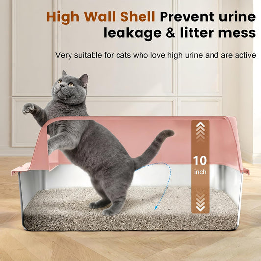 2 Pack Stainless Steel , Extra Large Litter Boxes for Big Cats, XL Metal Cat with Lid, High Sides, Anti-Urine Leakage, Non-Sticky, Scoop Included (Pink)
